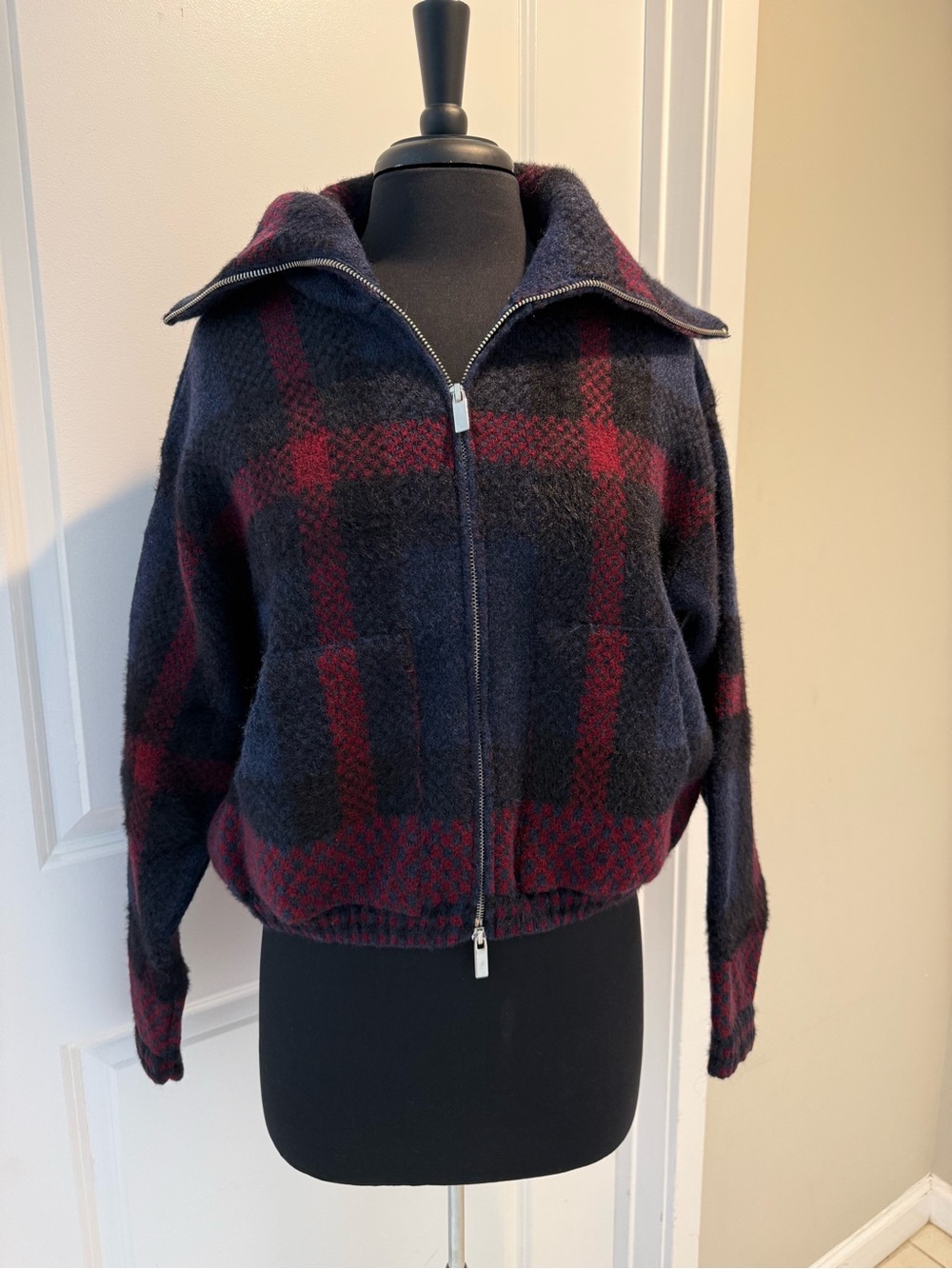 Zara Navy & Burgundy Plaid Zip-Front Jacket